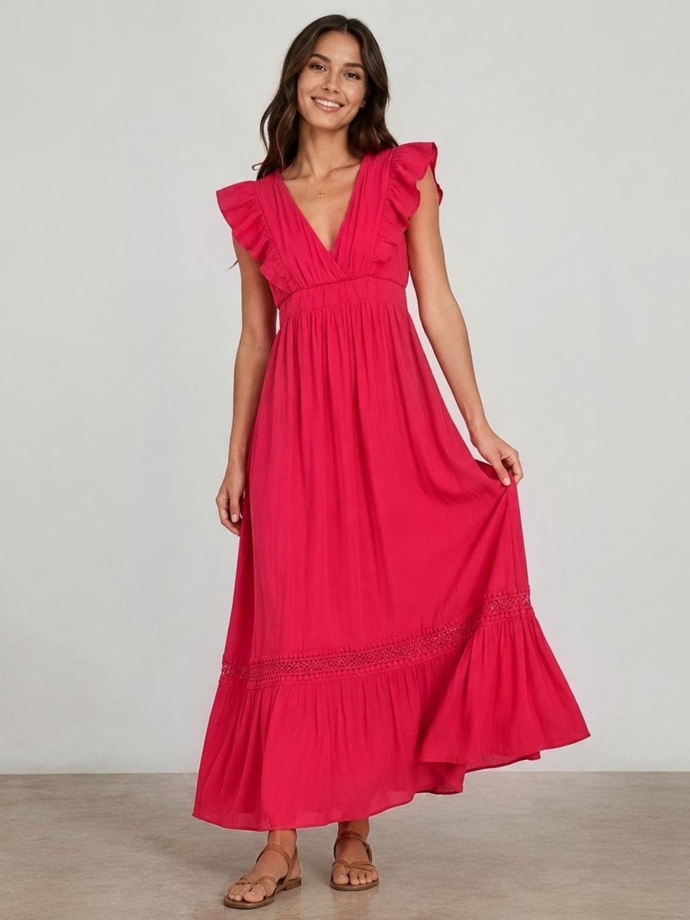 J. Gee Red Smocked Waist Ruffled Hem Flutter-Sleeve Boho V-Neck Maxi Dress M